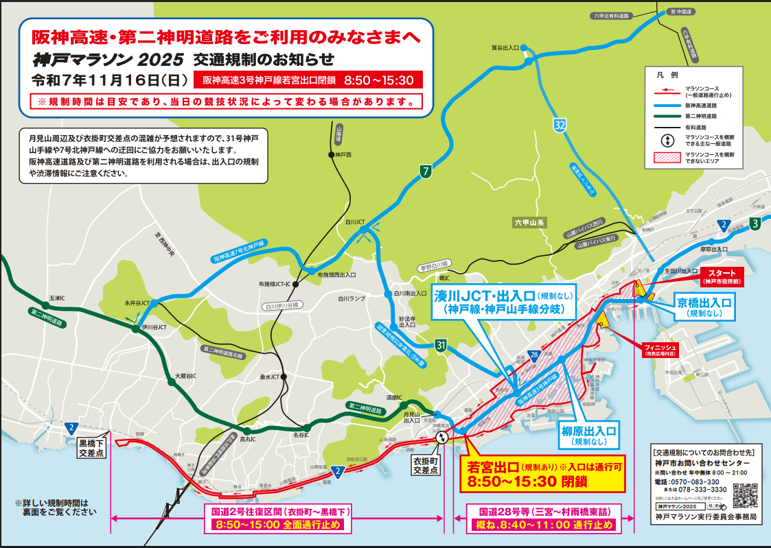神戸マラソン交通規制の迂回ルート