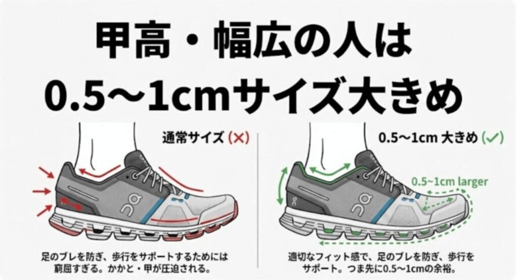 甲高・幅の人は0.5~1cmサイズ大きめ
