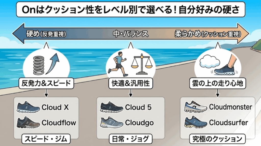 オンはクッション性をレベル別で選べるので、自分好みの硬さで好きな種類に