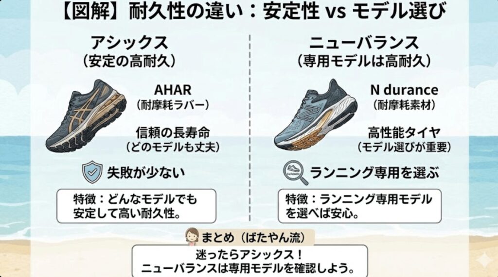 耐久性の違い:アシックスは安定、ニューバランスは専用モデルは高耐久