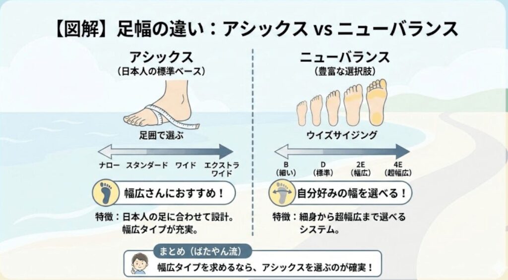 足幅の違い:アシックスは日本人の標準、ニューバランスは豊富な選択肢