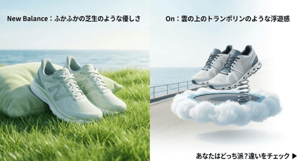 履き心地の違い:ニューバランスは「ふかふかの芝生」オンは「雲の上のトランポリン」