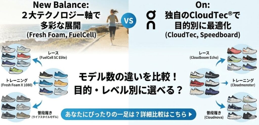 モデル数の違い:ニューバランス2大テクノロジー軸で多彩な展開、オン独自のCloudTecで目的別に最適化
