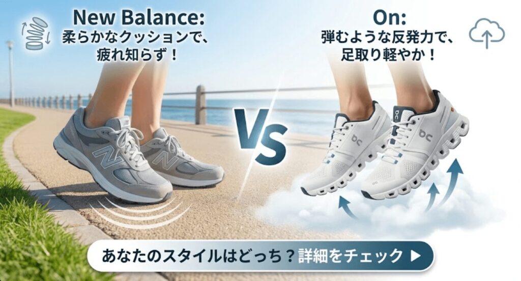 歩きやすさの違い:ニューバランスは疲れ知らず、オンは足取り軽やか