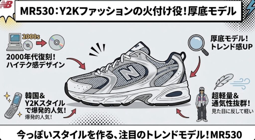 MR530：Y2Kファッションの火付け役！厚底モデル