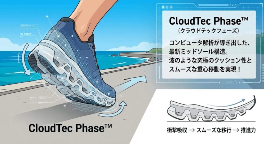 CloudTec Phase™（クラウドテックフェーズ）: コンピュータ解析を用いて設計された、最新のミッドソール構造です。