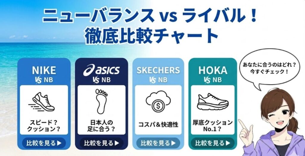 ニューバランスランニングシューズチャート！他のシューズブランドと比較