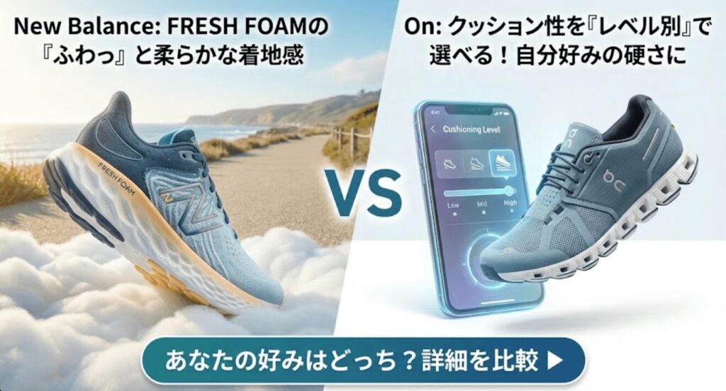 クッション性の違い:ニューバランスはふわっと柔らかい、オンは自分好みの硬さ