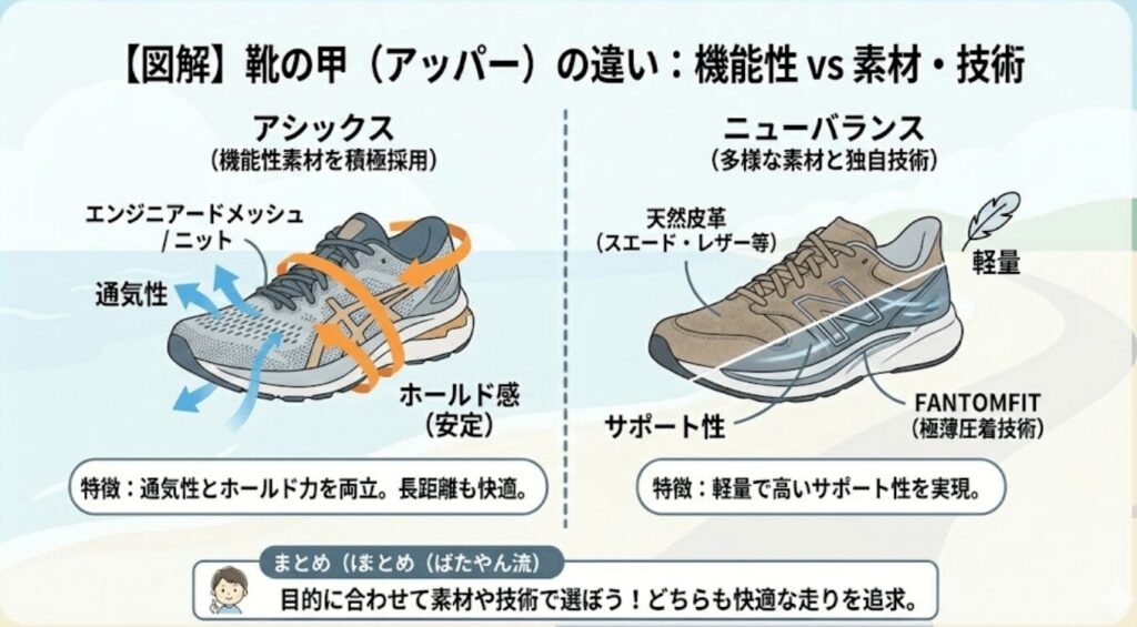靴の甲(アッパー)の違い:機能性はアシックス、多様な技術はニューバランス