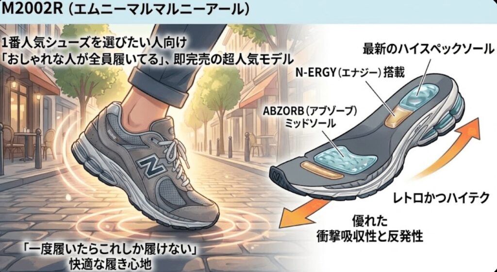 1番人気シューズを選びたい人向けは、M2002R（エムニーマルマルニーアール）