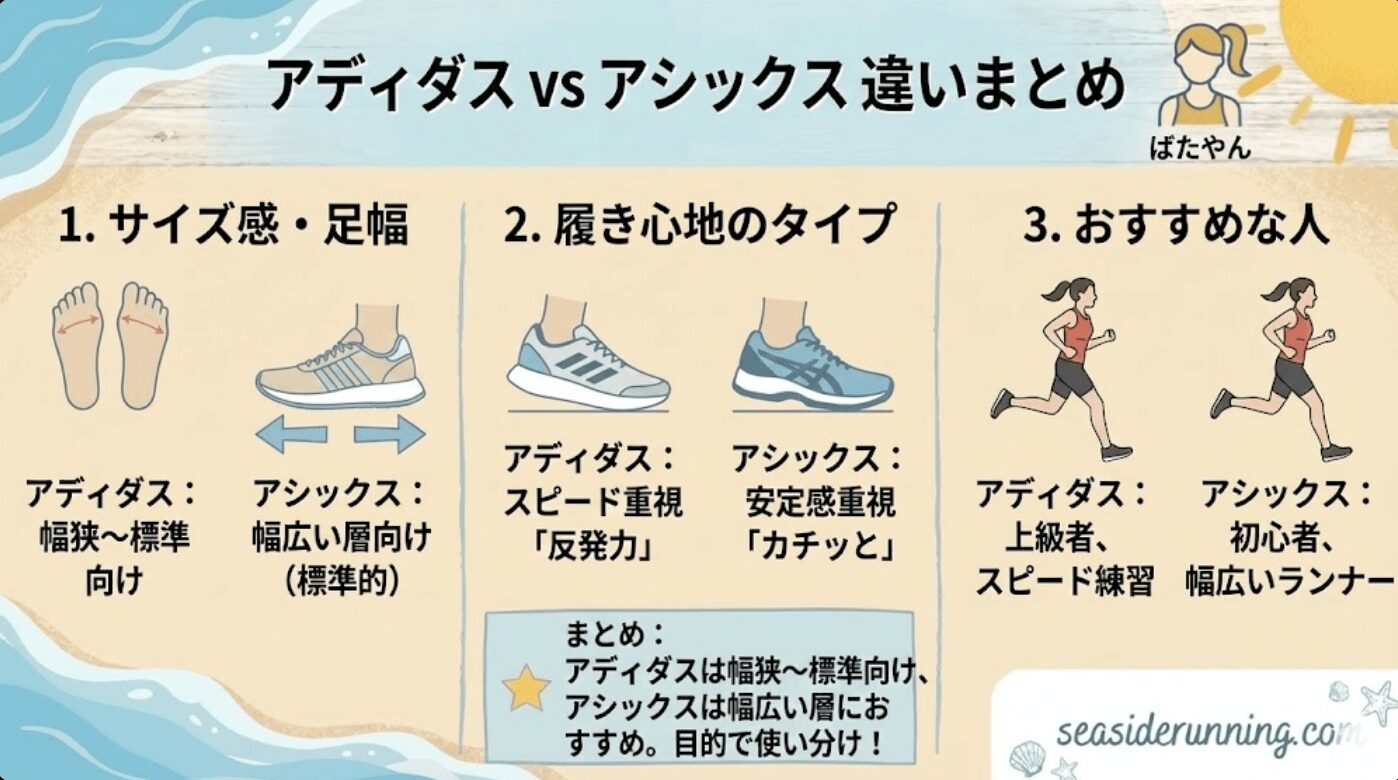 まとめ:アディダスは幅狭〜標準の人向け、アシックスは幅広い層にもおすすめ