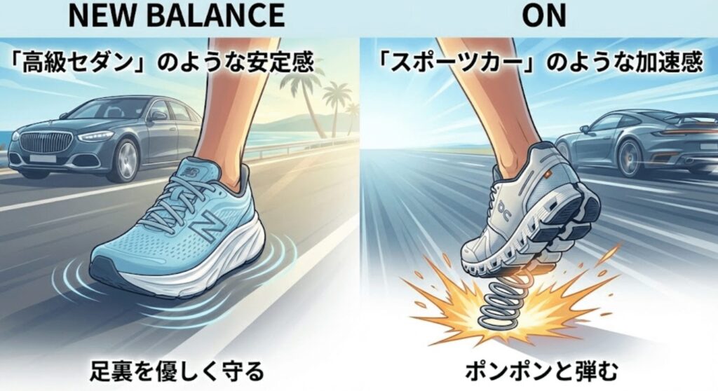 靴底（ソール）の違い:ニューバランスは「Fresh Foam」と「FuelCell」、オンはCloudTec
