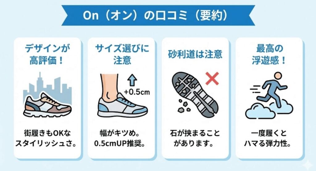 Onの口コミ:デザインは高評価！サイズ選びに注意