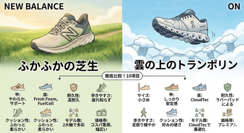 ニューバランスとオンのサイズ感など10種類の項目で比較