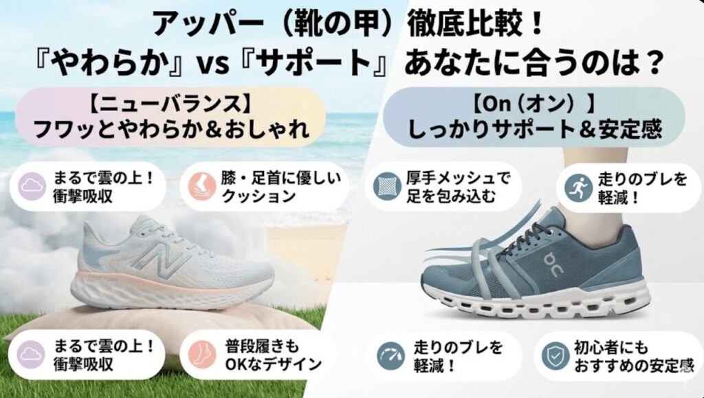 靴の甲（アッパー）:ニューバランスやわらか、サポートでオンはしっかり安定感