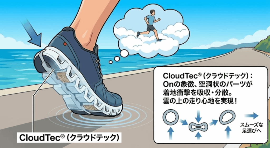 CloudTec®（クラウドテック）はOnの象徴である、空洞状のパーツが衝撃を吸収します。