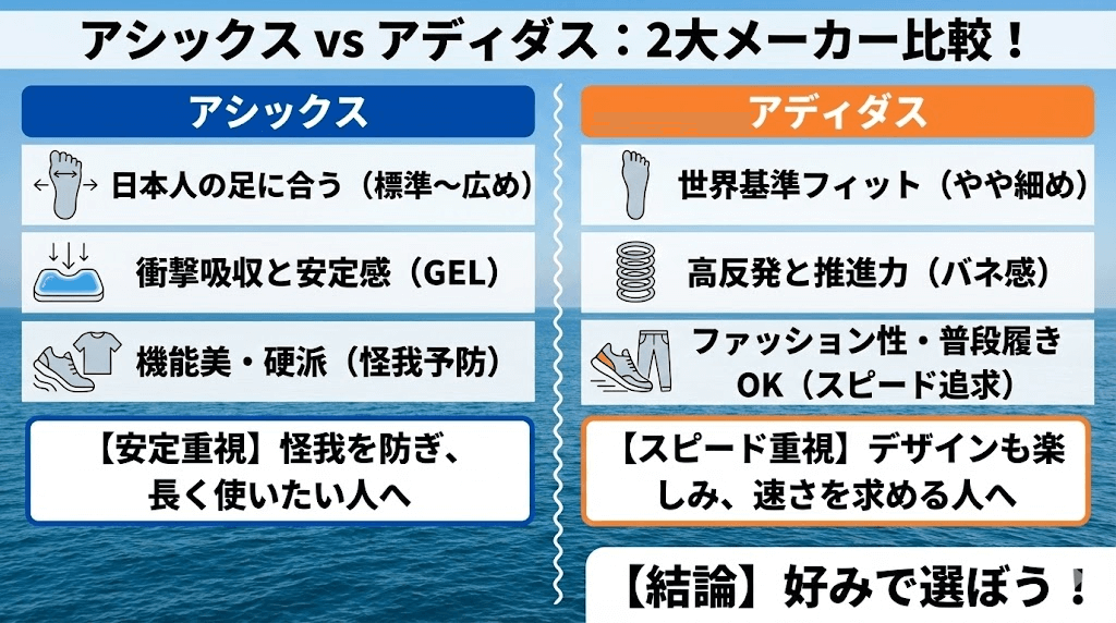 アシックスとアディダス違いの各比較項目