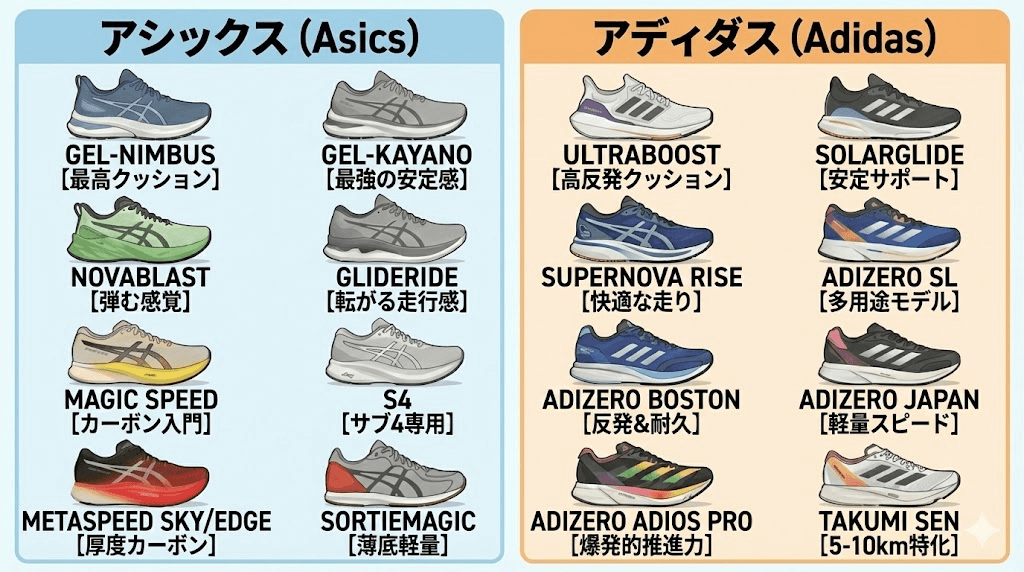 アシックスとアディダスモデル数別対応表