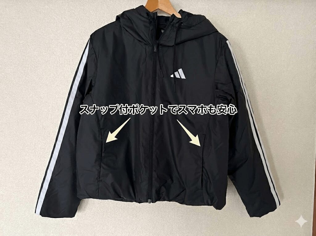 左右のポケットには、スナップがついているのでスマホを落とす心配もいりません