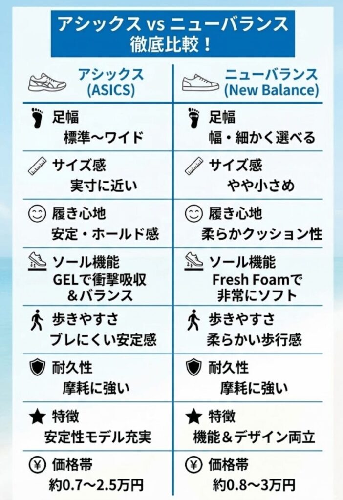 アシックスとニューバランスのサイズ感を比較!