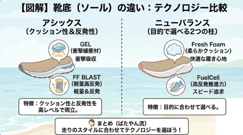 靴底(ソール)の違い:アシックスはクッション性と反発性がいい