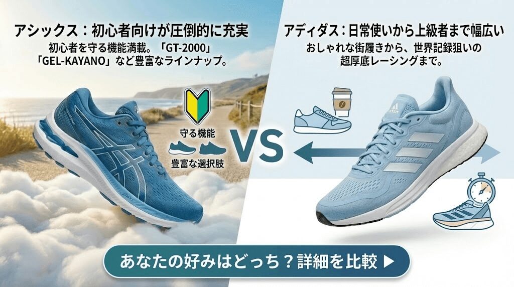 モデル数:アシックスは初心者向けが充実、アディダスは日常使いから上級者まで