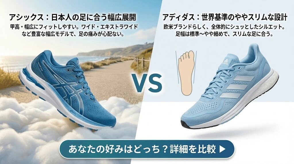 横幅の違い:アシックスは日本人の足に合う幅広展開、アディダスは世界基準のややスリムな設計