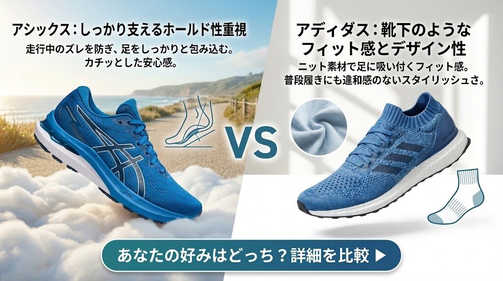 靴の甲（アッパー）:アシックスは足をしっかり支えるホールド性重視