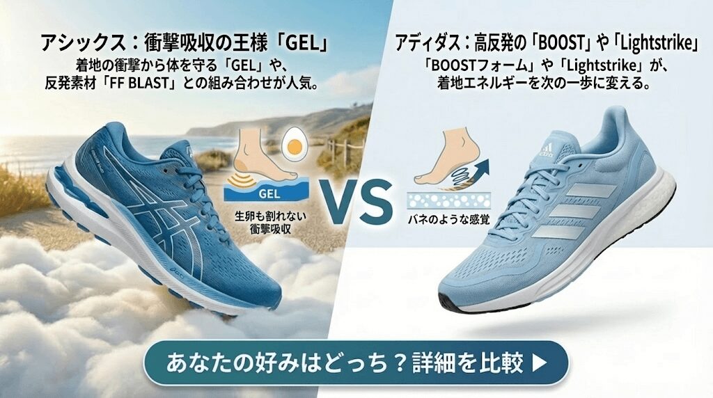 靴底（ソール）:アシックスは衝撃吸収の王様「GEL」アディダスは高反発の「BOOST」や「Lightstrike」