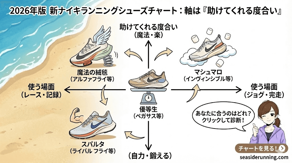 2026年版 新ナイキランニングシューズチャート相関図:軸は「スピード」ではなく「助けてくれる度合い」