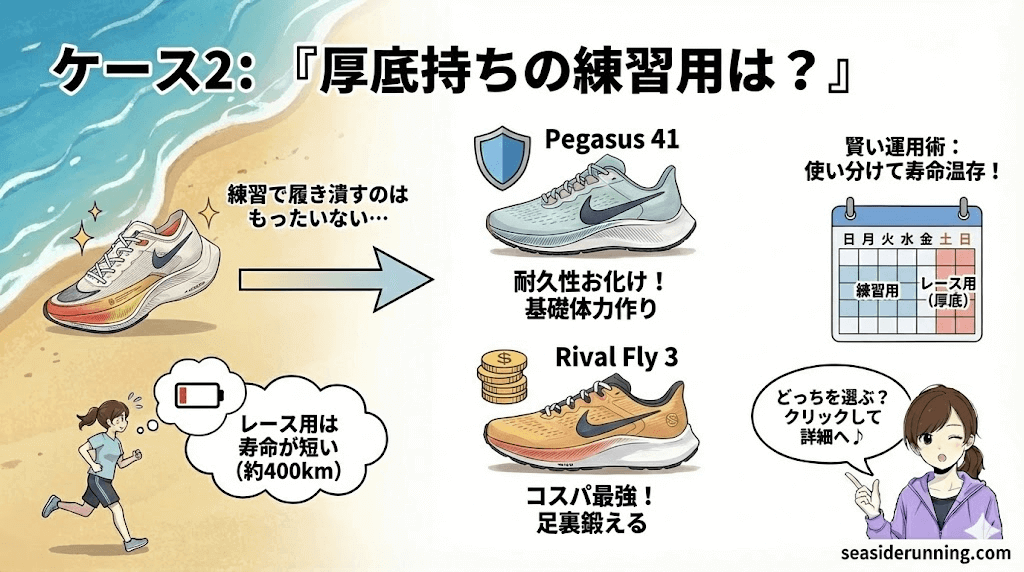 ケース 2:厚底のヴェイパーを持っている人が、練習用に買うなら ペガサス 41orライバル フライ 3
