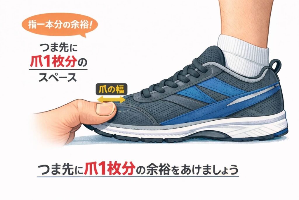 つまさきに「親指の爪 1枚分（約 1cm）」