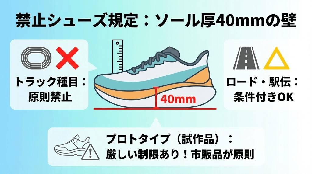 箱根駅伝禁止シューズ規定：ソール厚40mmのかべ