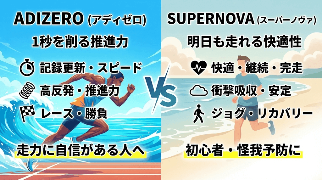 【比較表】アディゼロ vs スーパーノヴァ シリーズ別特徴まとめ