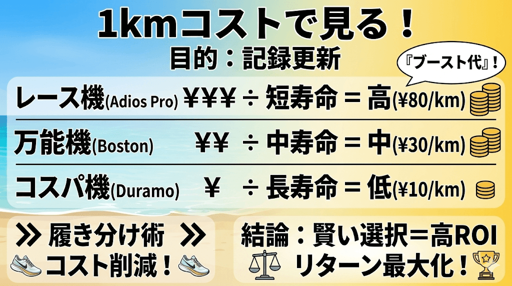 「1kmあたりのコスト」で見る！アディダスランニングシューズチャート2026