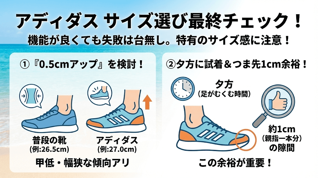 アディダスランニングシューズ2026！サイズ選びの購入前の最終チェックリスト