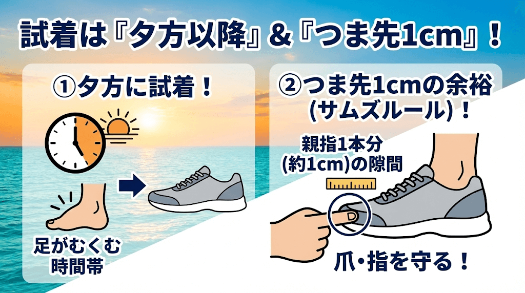 シューズは夕方に試着し「つま先1cm」の余裕を持つ