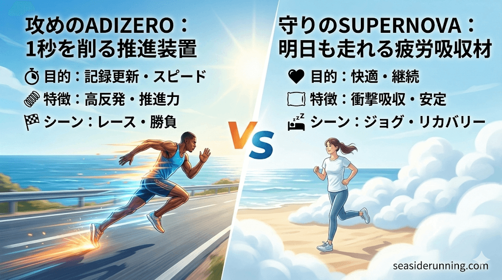 速さを追求し「昨日の自分を超える」なら『ADIZERO』怪我を防ぎ「ランニングを長く楽しむ」なら『SUPERNOVA』