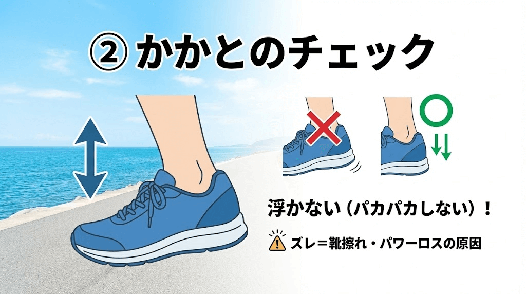 かかとが浮かないか（パカパカしないか）チェック