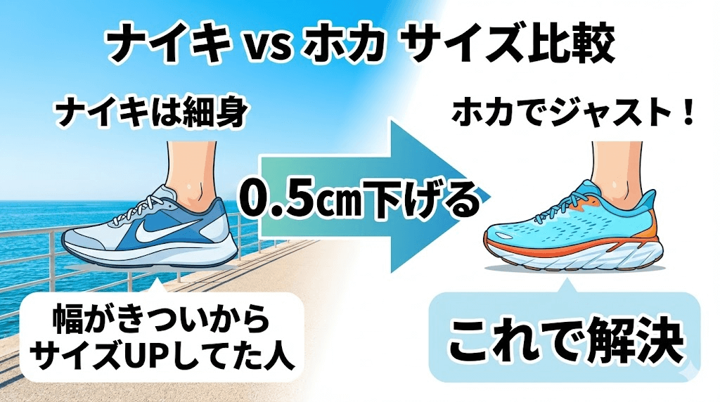 ナイキとの比較:0.5cm下げるとちょうどいい