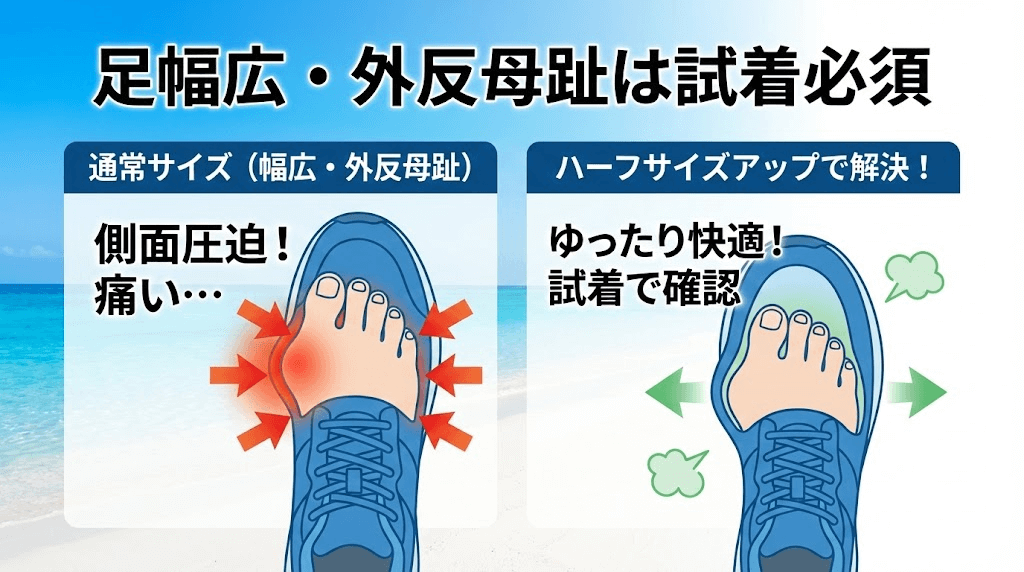 足幅が広い人・外反母趾の人は試着が必要