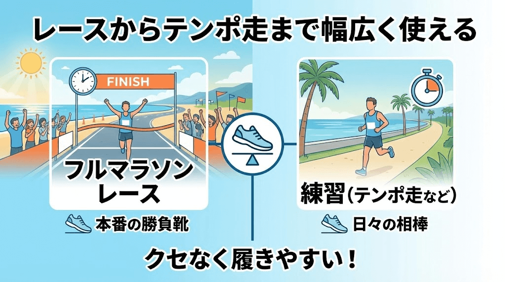 レースからテンポ走まで幅広く使える