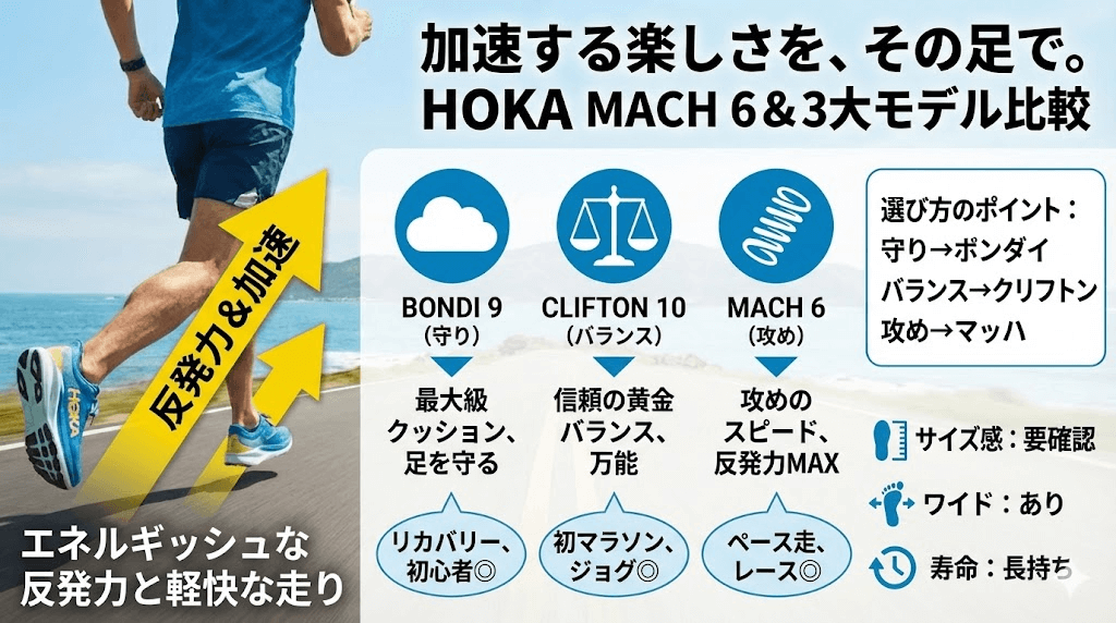 ホカオネオネのクリフトン 10やボンダイ 9とマッハ6の比較