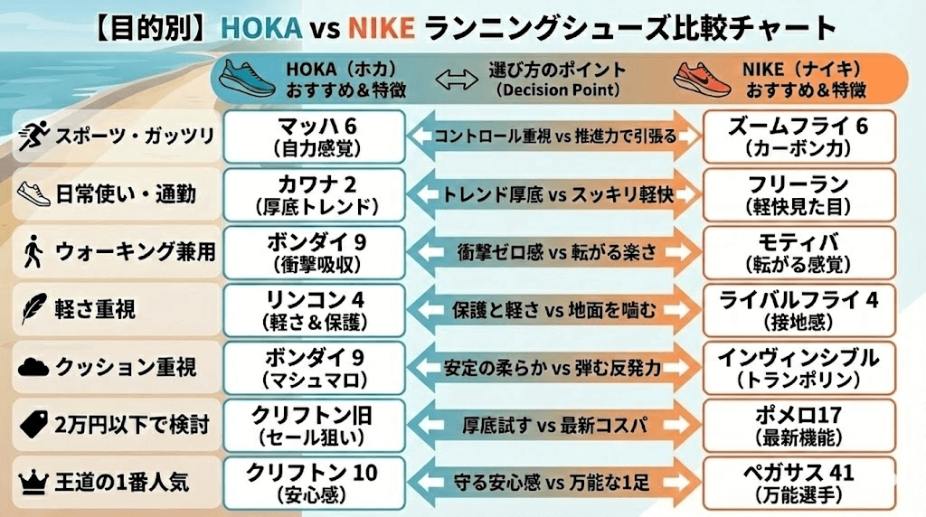 目的別ホカオネオネとナイキの違いを比較