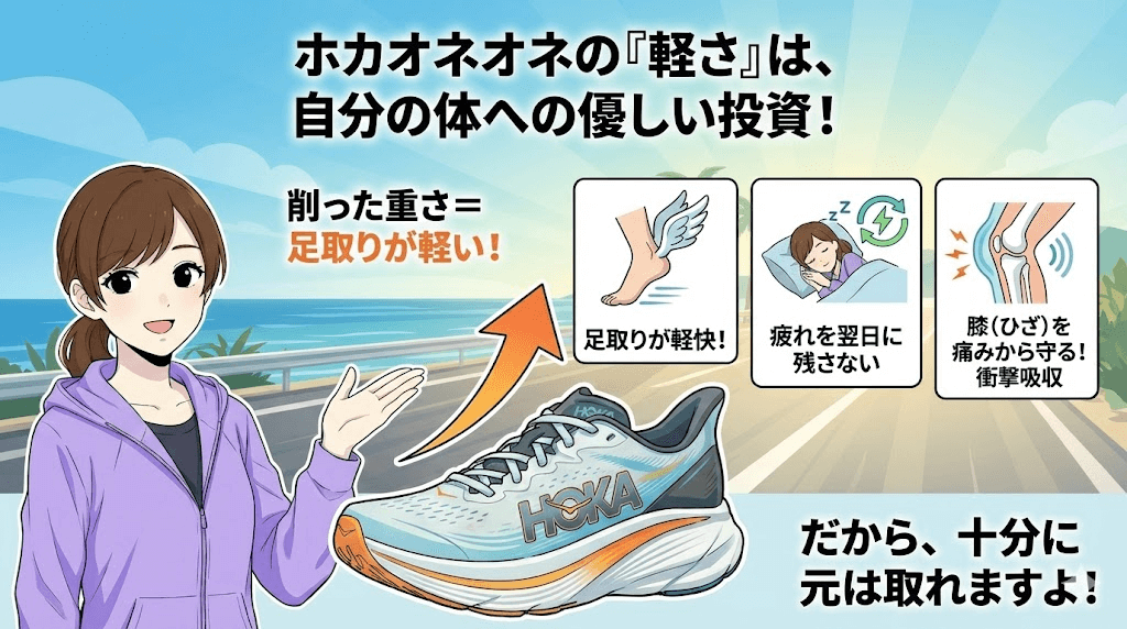 ホカオネオネの『軽さ』は自分の体への優しい投資