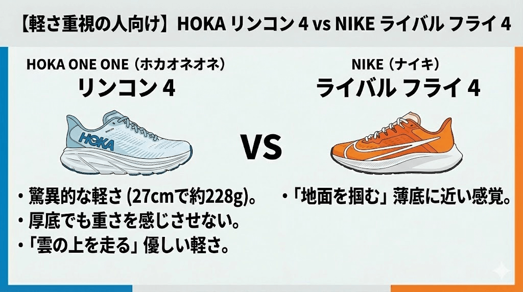 ライバルフライVS ホカオネオネ（リンコン 4）との比較