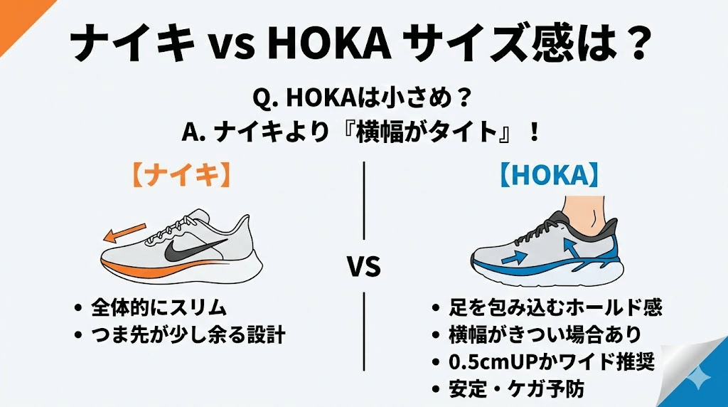 ナイキとホカオネオネのサイズ感は？