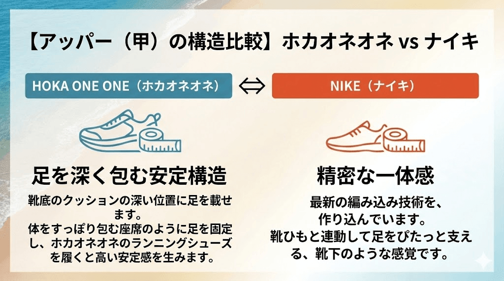 アッパー（甲）：ホカオネオネは足を深く包む安定構造、ナイキは精密な一体感