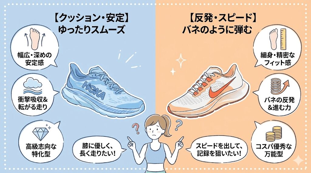 ホカオネオネとナイキの２大メーカーの特徴を10個項目で比較！