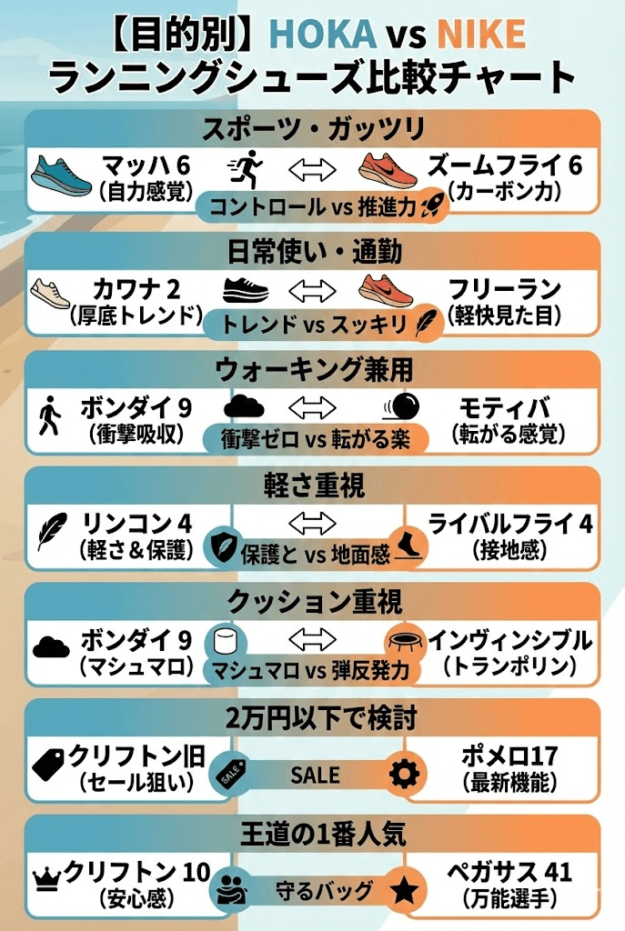 目的別ホカオネオネとナイキの違いを比較
